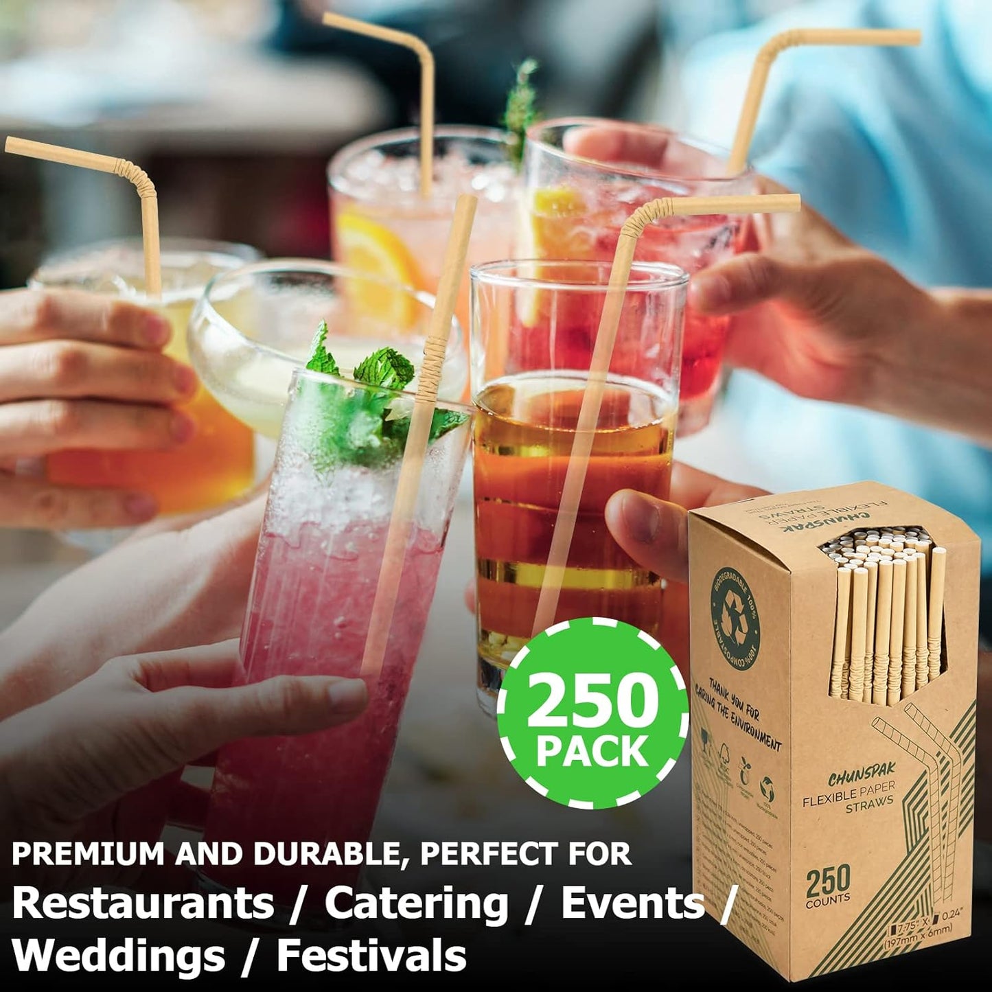 Brown Kraft Bendy Paper Straws, 7.75" x 0.24", 250 Ct. - Eco Friendly Disposable Drinking Straws