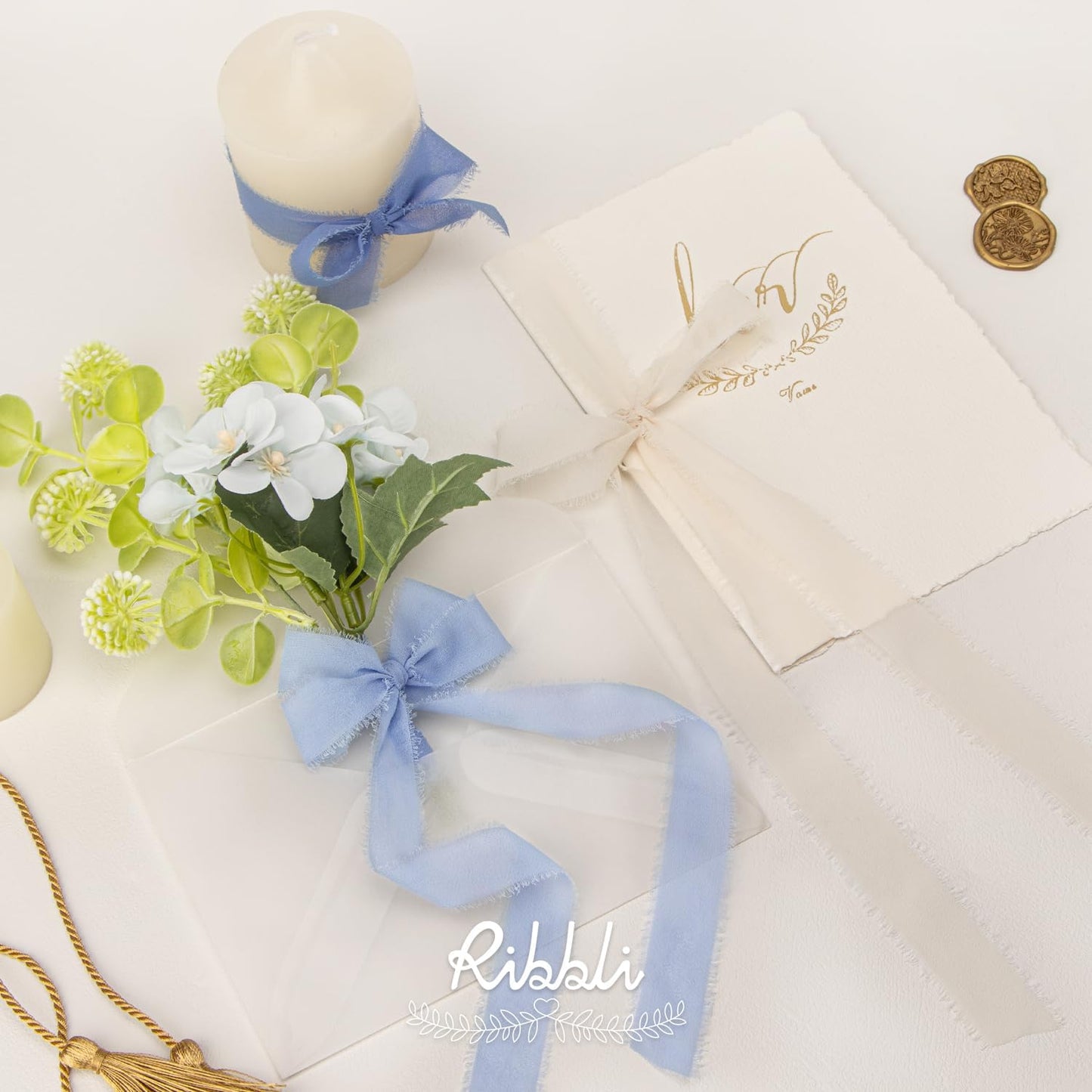 Ribbli Blue Ribbon 1 Inch x 3 Rolls Total 24 Yards Cream/Blue/Dusty Blue Handmade Fringe Chiffon Silk Ribbon for Wrapping Wedding Invitations Bridal Bouquets DIY Crafts Home Decor