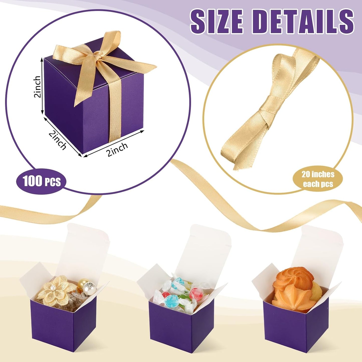 Jutom 100 Pcs Mini Favor Boxes Extra Small Candy Boxes Paper with Gold Ribbon for Christmas Thanksgiving Day Birthday Wedding Anniversary Supplies(2 x 2 x 2 Inch,Purple)