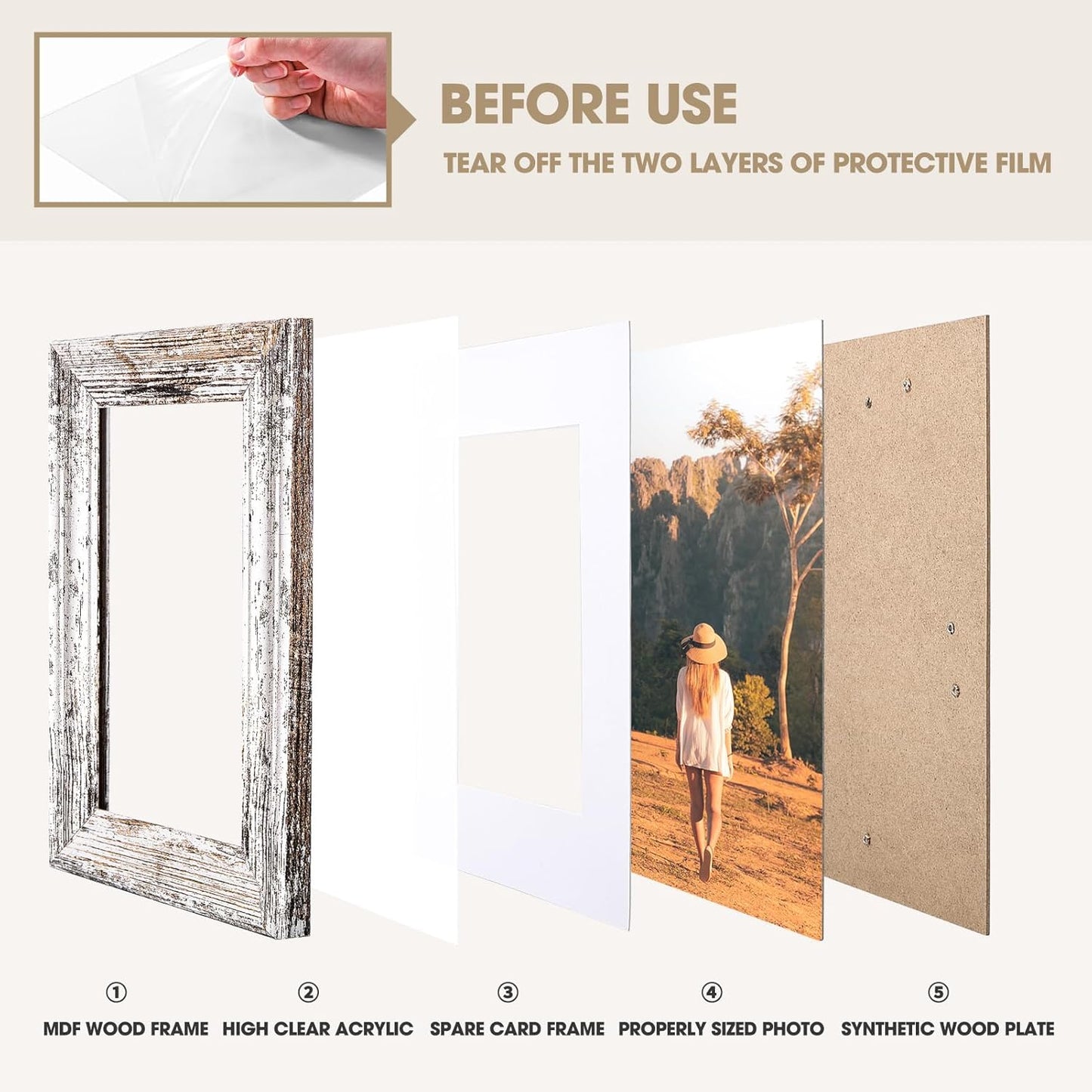 TWING 5x7 Picture Frames Set of 6,Display Pictures 4x6 with Mat or 5x7 Without Mat,Rustic Picture Frames Collage Photo Frame for Tabletop and Wall Mounting,Rustic White,Wave Texture