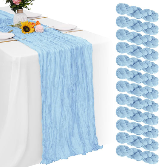 Aktor 12 Pack Light Blue Table Runner Boho Cheesecloth Table Runner Semi Sheer Gauze Fabric Runners for Wedding Birthday Baby Shower Party Boho Table Decoration（Light Blue）