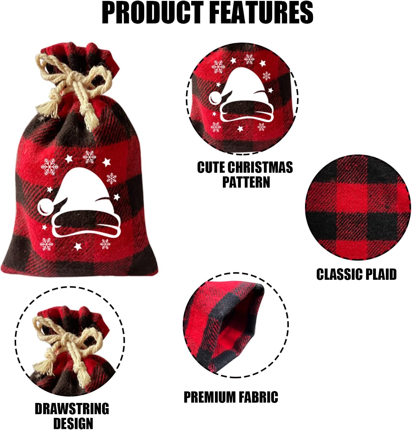 CCINEE 36Pcs Christmas Buffalo Plaid Drawstring Bags Red and Black Plaid Xmas Burlap Bag Reusable Treat Candy Bag Cotton Gift Bags with Drawstrings for Candy Wrapper Christmas Party Favors