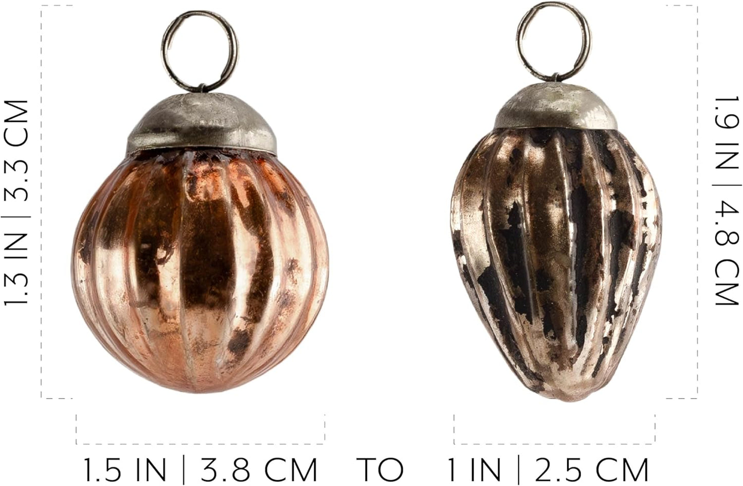 AuldHome Mercury Glass Finial Ornaments (Set of 12, Copper, Small); Distressed Metal Antique Style Christmas Tree Decorations; 1.3 to 2-Inch Size