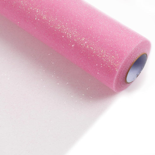 ICOSHOW Sparkling Tulle Rolls, 15” by 30 Yards (90FT) Glitter Tulle Spool Ribbon Fabric for Wedding Birthday Bridal Shower Tutu Skirt Party Gift Wrapping (Pink)