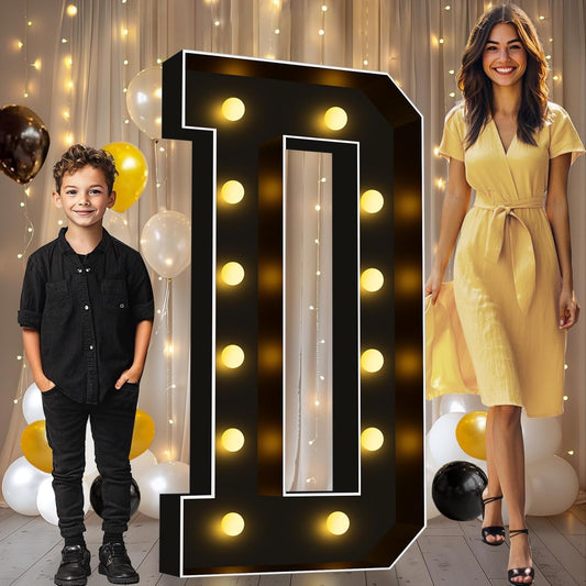 Pooqla 4 FT Marquee Light Up Letters, Black Marquee Letter Lights 4 Feet Tall, Giant Letter Sign Big Mosaic Letters for Balloons Birthday Party Anniversary Wedding Decorations, Warm White Letter D