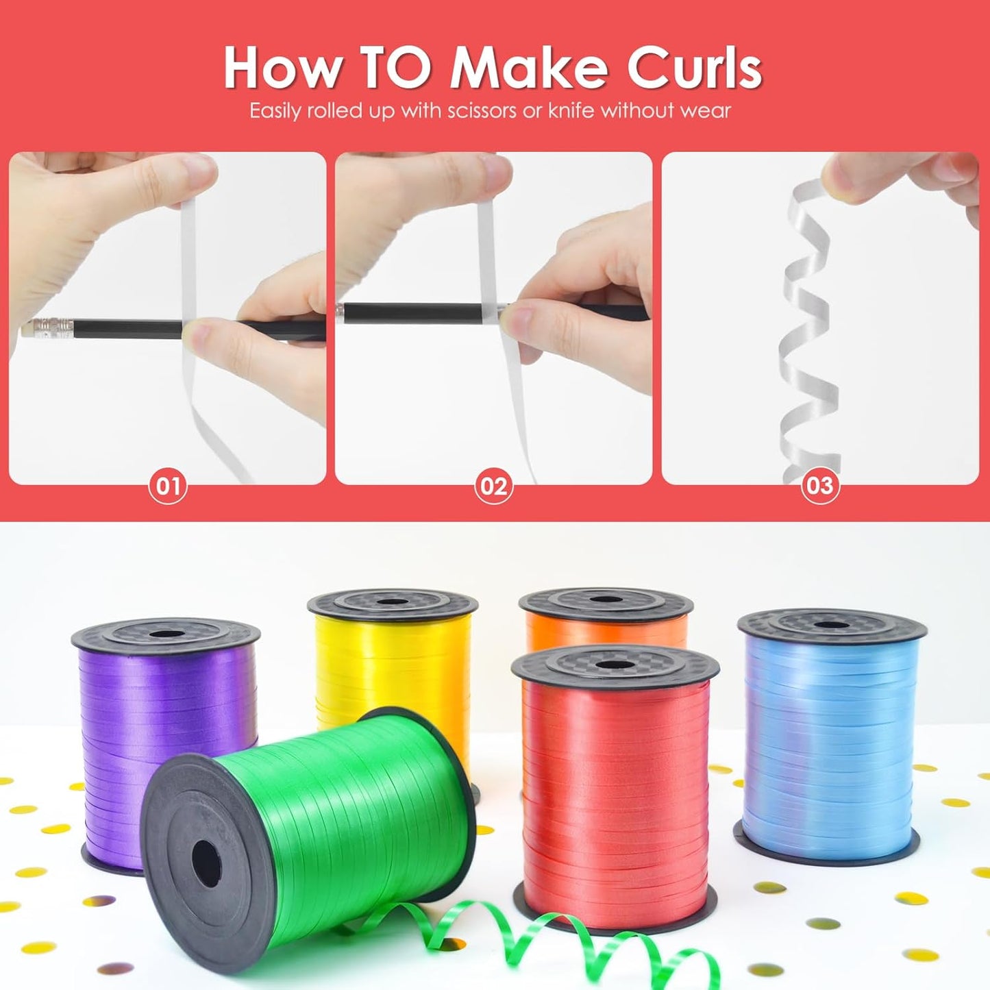 Red Curling Ribbon, 3/16" x 500 Yards, Polyester, Multi-purpose, Solid Red, Classic, For Special Occasions