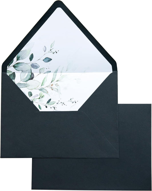 PONATIA 50 PCS A7 Euro Flap Black Envelopes, 5.25 x 7.25'' Green Liner Envelopes for 5x7 Wedding Invitations, Photos, Postcards, Greeting Cards, Christmas Gift Cards, Acrylic Mailing