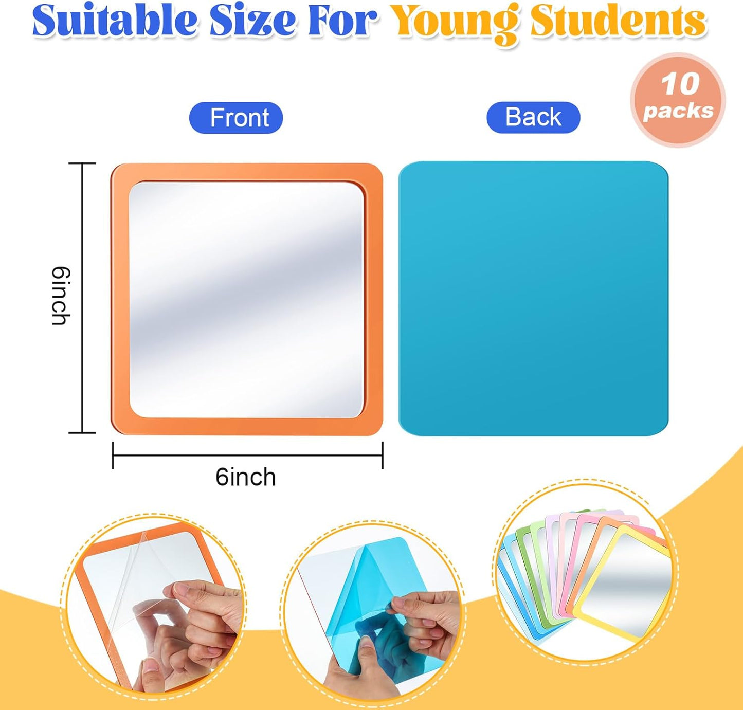 Dandat 10 Pcs Small Mirrors for Kids 6 x 6 Inch Square Shatter Proof Reflector Toddler Glass Plastic Reflector for Classroom DIY Craft Preschool Facial Expression (Macaron Colors)