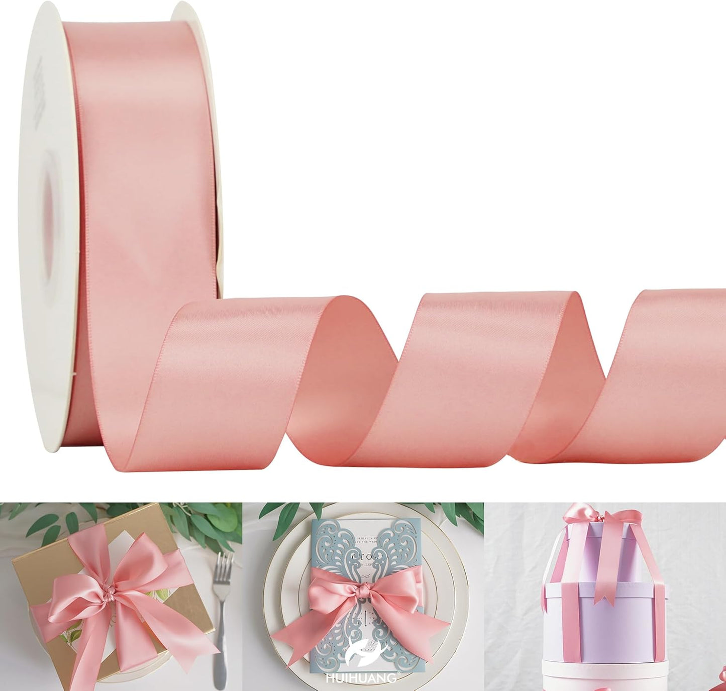 HUIHUANG Rose Pink Satin Ribbon - 1.5 inch Double Face, 50 Yards - Blush Pink Polyester Silk for Floral Bouquet, Wedding Invitations, Crafts, Gift Wrapping, Bows, Sewing, Party Decor