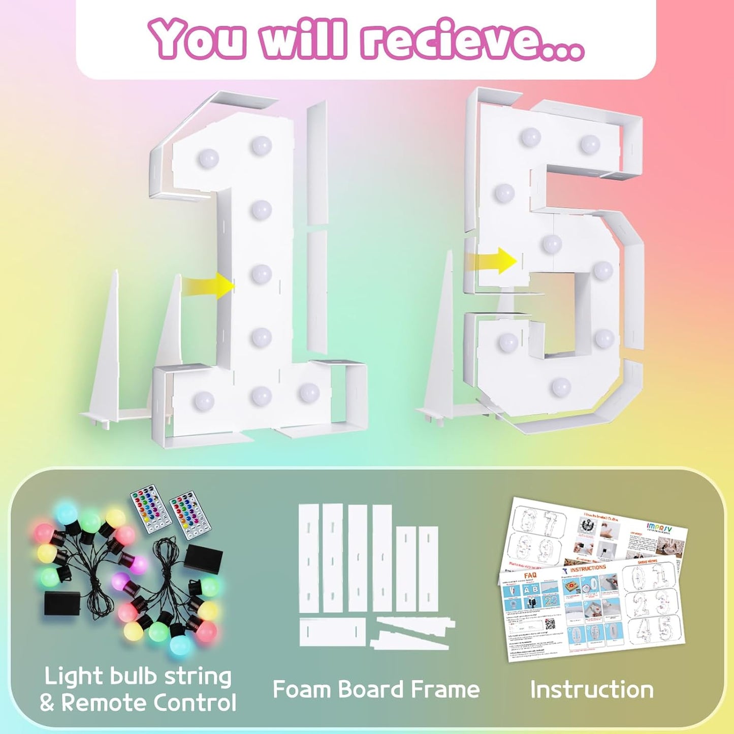 Marquee Numbers 15th-Birthday Decoration: Colorful 3FT Large Light Up Quinceanera Birthday Decorations Anniversary Backdrop for Boys Girls Cardboard Sign 18 Colors Number 15 Mosaic Balloon Frame