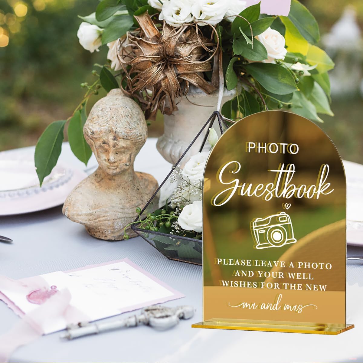 Acrylic Wedding Sign, Bridal Shower Decorations, Photo Guestbook Sign for Ceremony, Modern Font Table Signs, Gold Mirror Arched Acrylic Tabletop Signs for Wedding Reception and Event Party