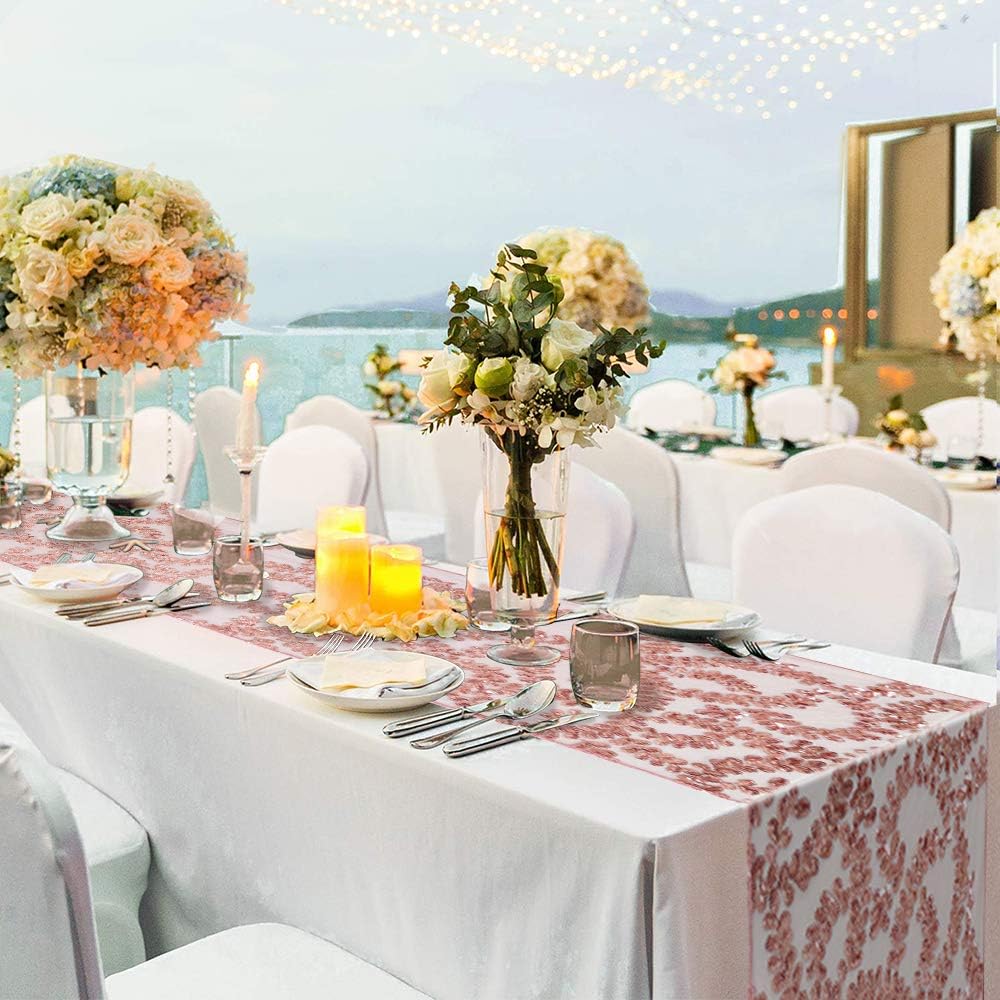 Rose Gold Flower Table Runners 10 Pieces 12x72 Inches Sequin Glitter Table Runner for Wedding Banquet Event Party Decorations