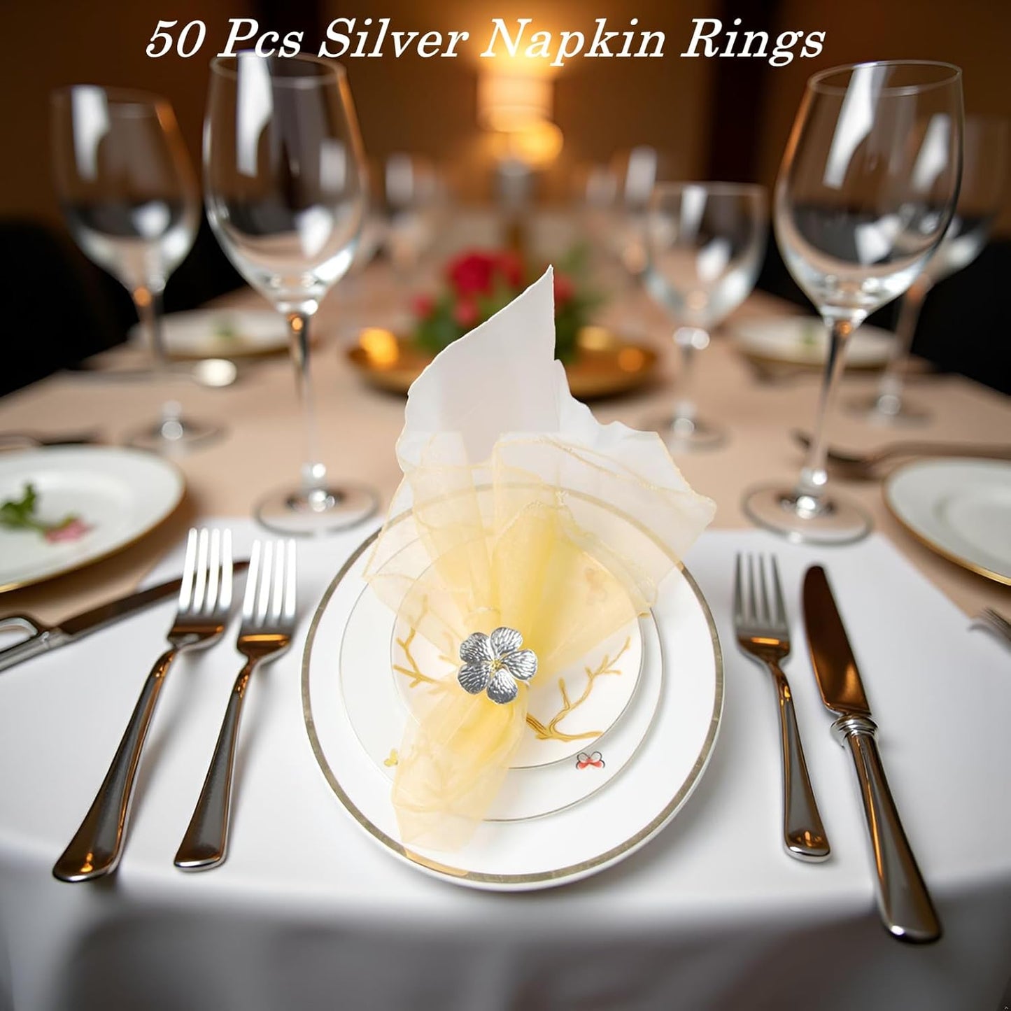 Flower Napkin Rings Set of 50, Plum Blossom Napkin Ring Silver Floral Holder for Wedding Season Banquet Party Décor Holiday Dinner Delicate Serviette Buckles Table Setting (Silver 50)