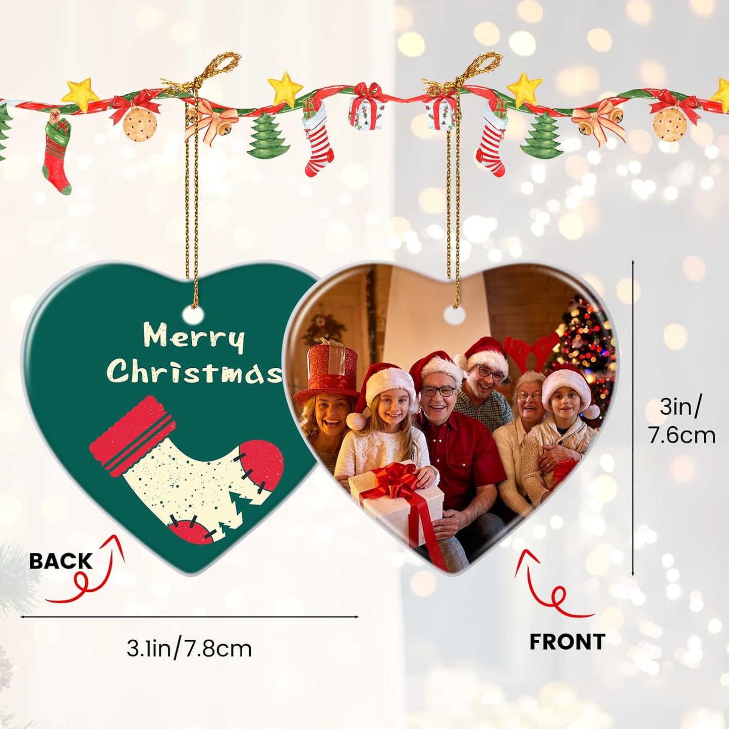 Personalized Christmas Ornaments 2025, Ceramic Heart Customized Photo Text Christmas Tree Decorations for Kids, Mom, Dad, Family, Friends