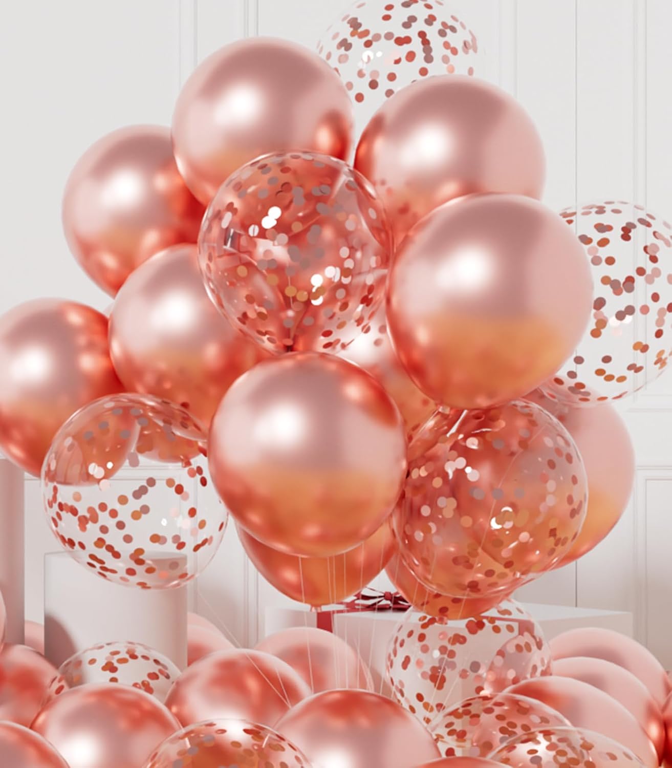 AULE Party Balloons Pack of 42 - Metallic Chrome Rose Gold Balloons and Rose Gold Confetti Latex Helium Balloons With 64ft Ribbons - 12 Inch Balloon Decoration Kit