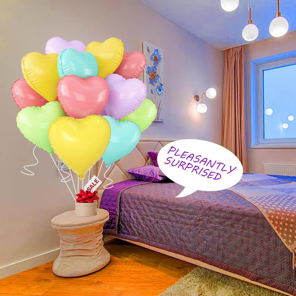 5 Colors Heart Balloons，18 Inch Color of Macaron Foil Mylar Love Heart Shaped Balloons for Anniversary Wedding Engagement Celebration Birthday Party Baby Shower Decorations(12Pcs)