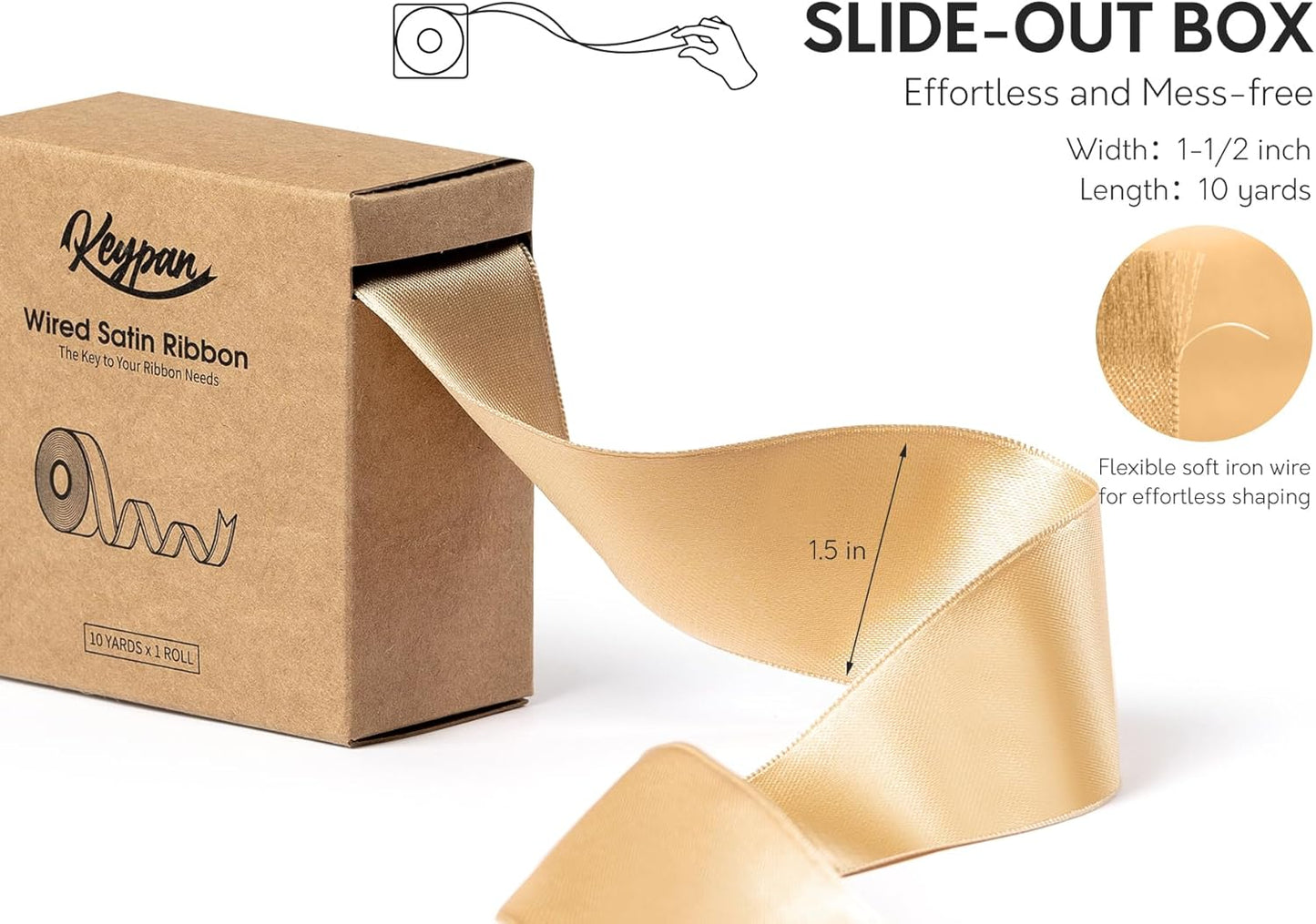 Champagne Gold Satin Ribbon Double-Faced Wired Ribbons for Gift Wrapping Flower Bouquet Bows Wedding Invitation Christmas Decor Crafts 1-1/2 Inch 10 Yards