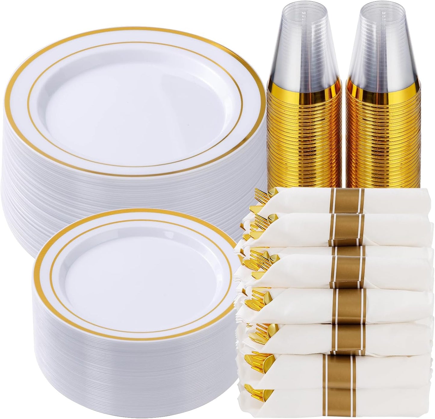 Goodluck 350 Piece Gold Plastic Dinnerware Set for 50 Guests, Fancy Disposable Plates for Party, Include: 50 Dinner Plates, 50 Dessert Plates, 50 Pre Rolled Napkins with Silverware, 50 Cups