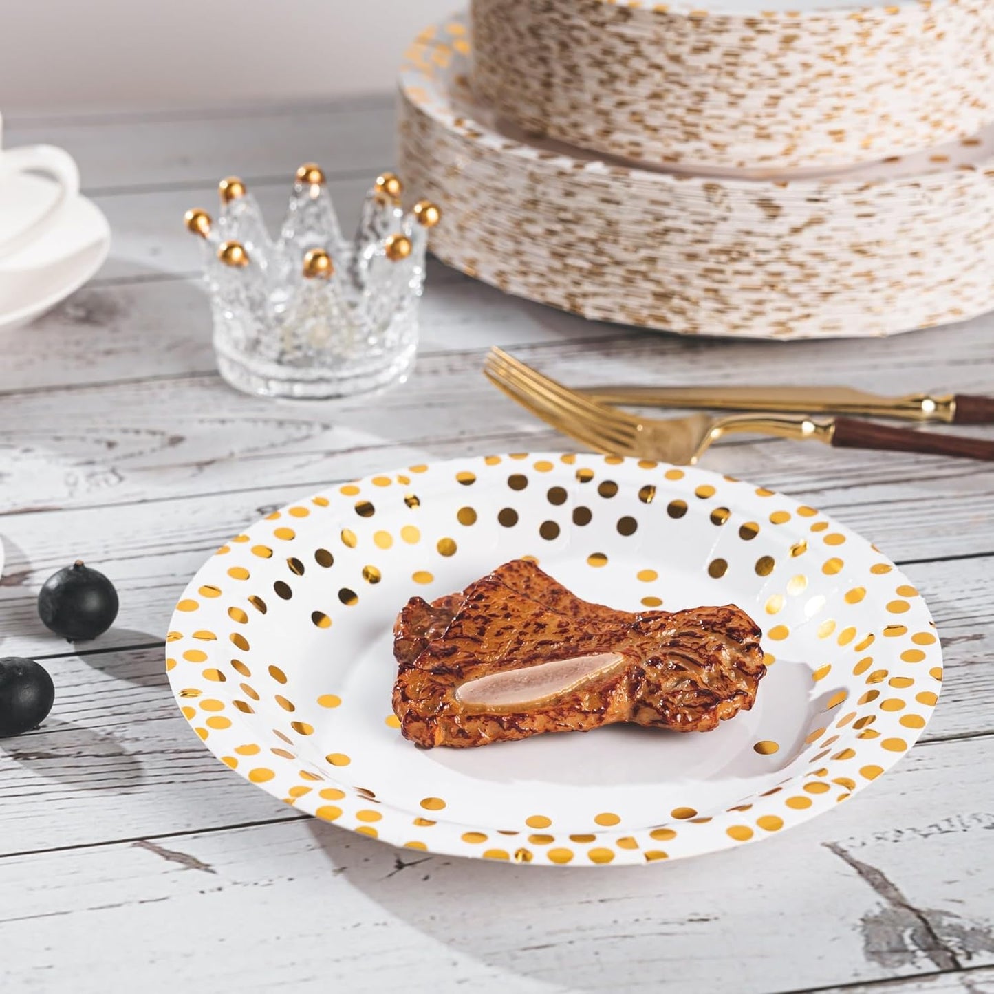 Lullaby 120PCS White Paper Plates, Disposable Gold Paper Plates, 60pcs Dinner Plates 9"，60pcs Dessert Plates 7", Party Plates with Golden Dot for Birthday, Gathering and Graduation