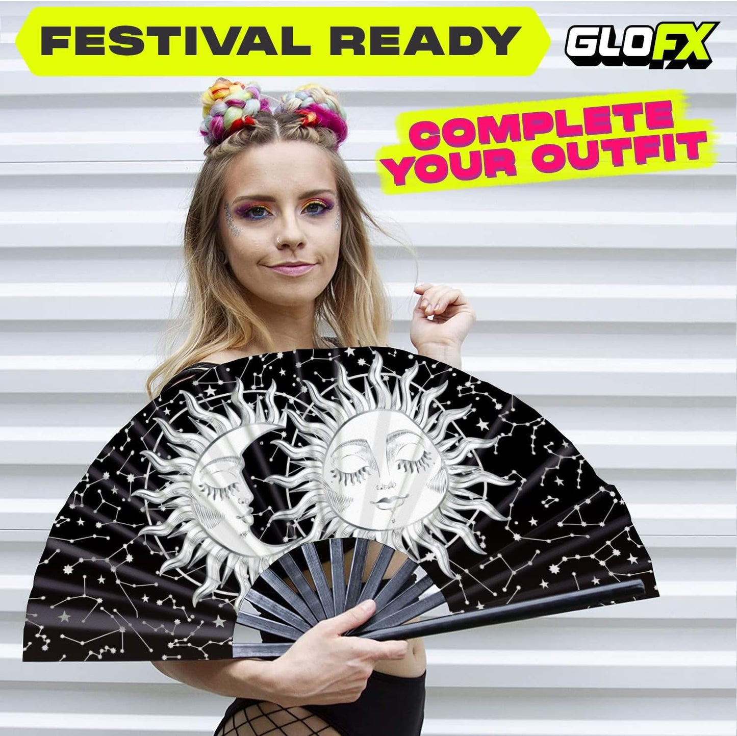 GloFX Rave Sun & Moon - Large Folding Fan - Music Festival Essential, EDM Rave Accessories, Folding Hand Fan, Clack Fan