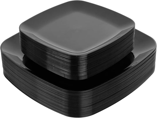 PULOTE 60PCS Black Square Plastic Plates Disposable - Include 30 Dinner and 30 Dessert Plates,Ideal for Party&Halloween