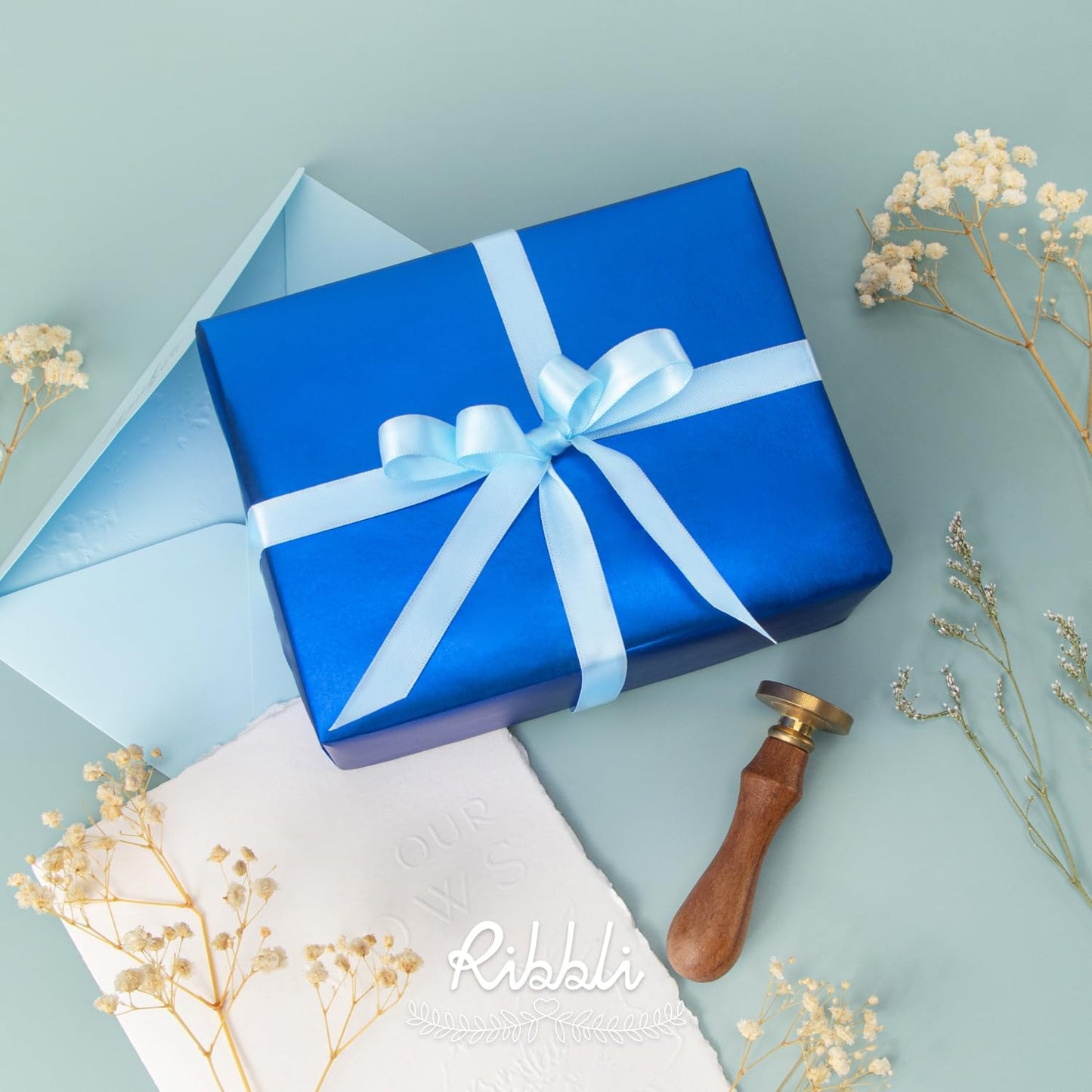 Ribbli Light Blue Satin Ribbon Double Faced Satin 1/2 Inch x Continuous 100 Yards-Baby Blue Ribbon for Gift Wrapping Crafts Wedding Decoration Bows Bouquet Floral Arrangement