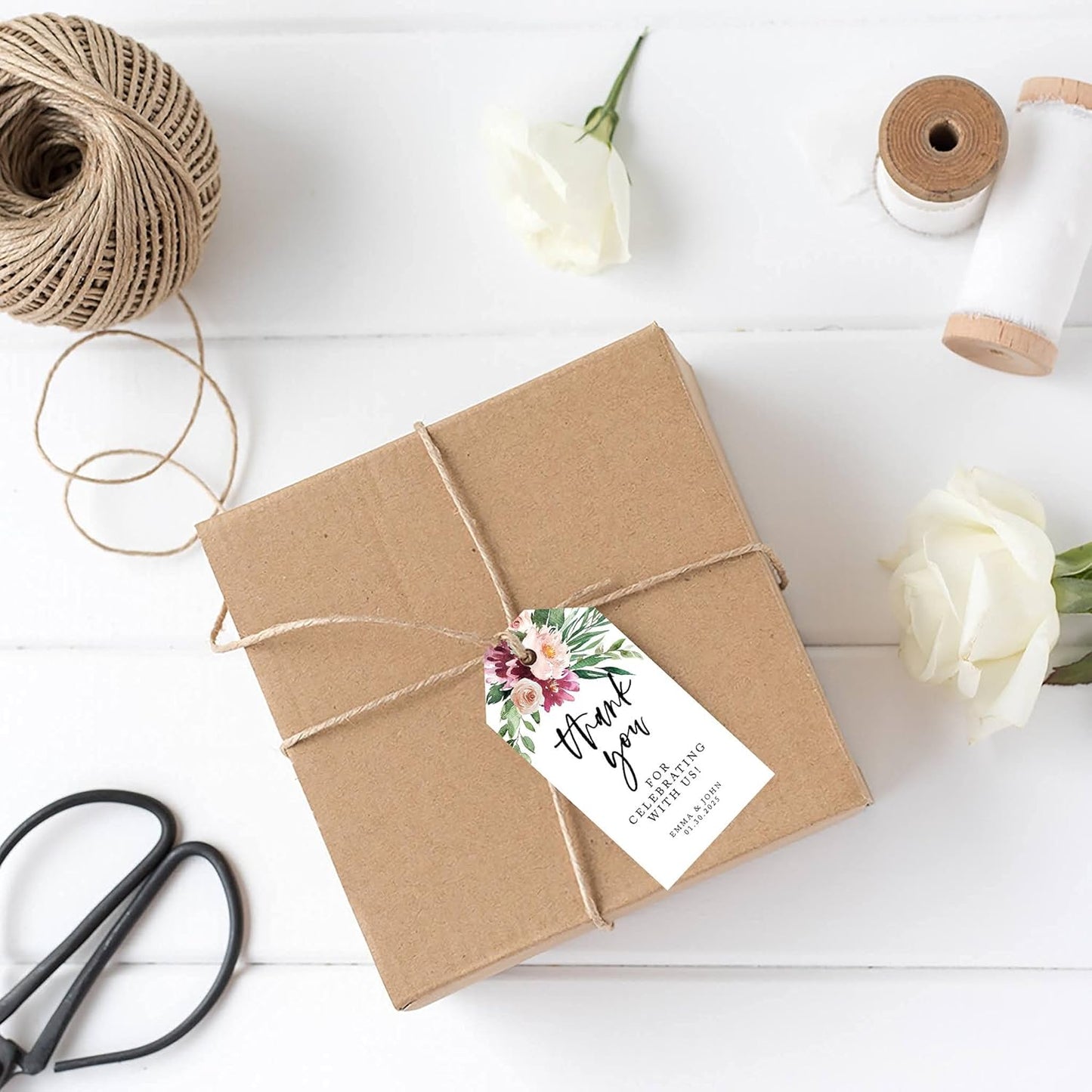 Andaz Press 100-Pack Personalized Thank You for Celebrating with Us Wedding Favor Tags with Bakers Twine Spring Watercolor Florals Custom Cardstock Wedding Gift Tags for Party Favors 2 x 3.75-Inches