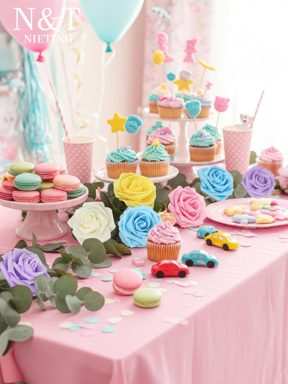 N&T NIETING Artificial Flowers Easter, Fake Flowers Roses Perfect for DIY Wedding Bridal Bouquets Centerpieces Bridal Shower Party Home Flower Arrangement Decorations, 50Pcs, Series Color B