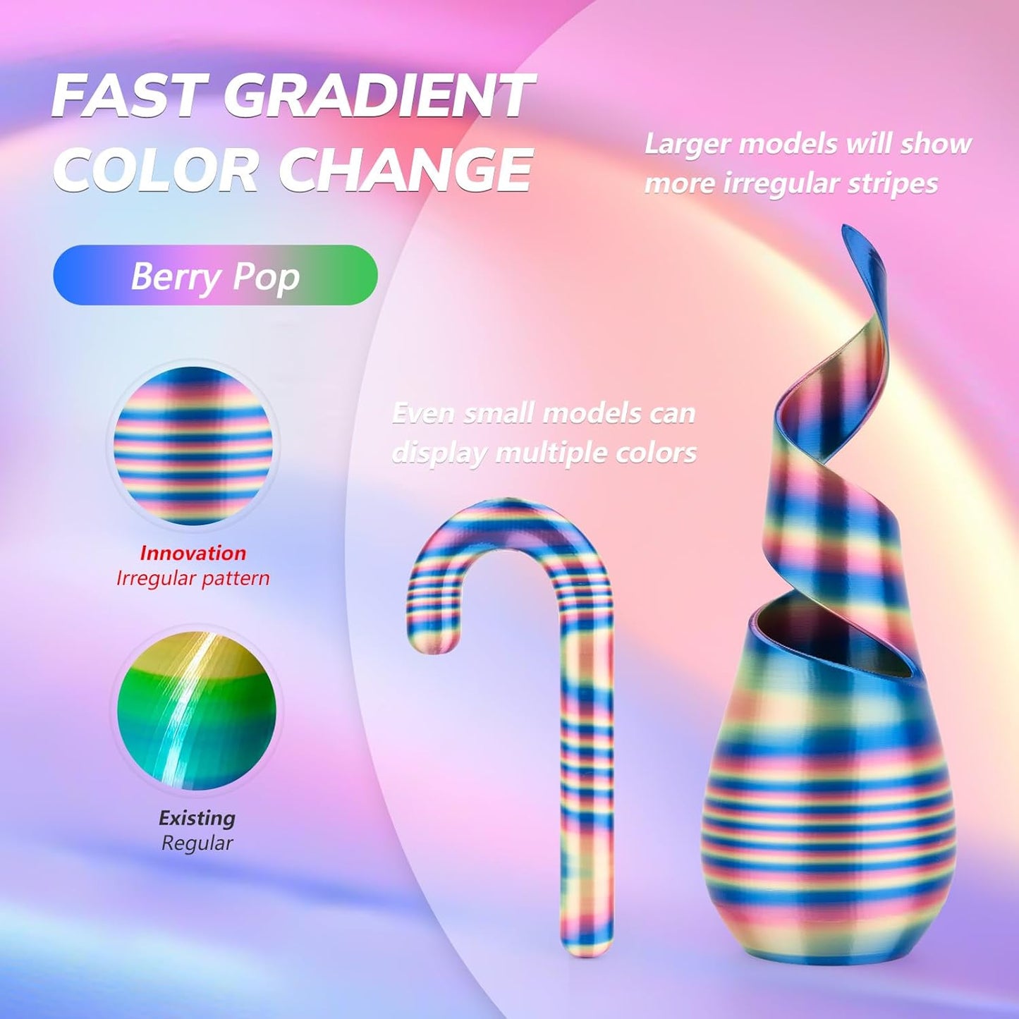 AMOLEN Silk PLA 3D Printer Filament, Shiny Multicolor Rainbow PLA Filament 1.75mm, Fast Color Change PLA 3D Printing Filament for Most FDM 3D Printer, 1kg (2.2lbs), Blue Pink YellowGreen