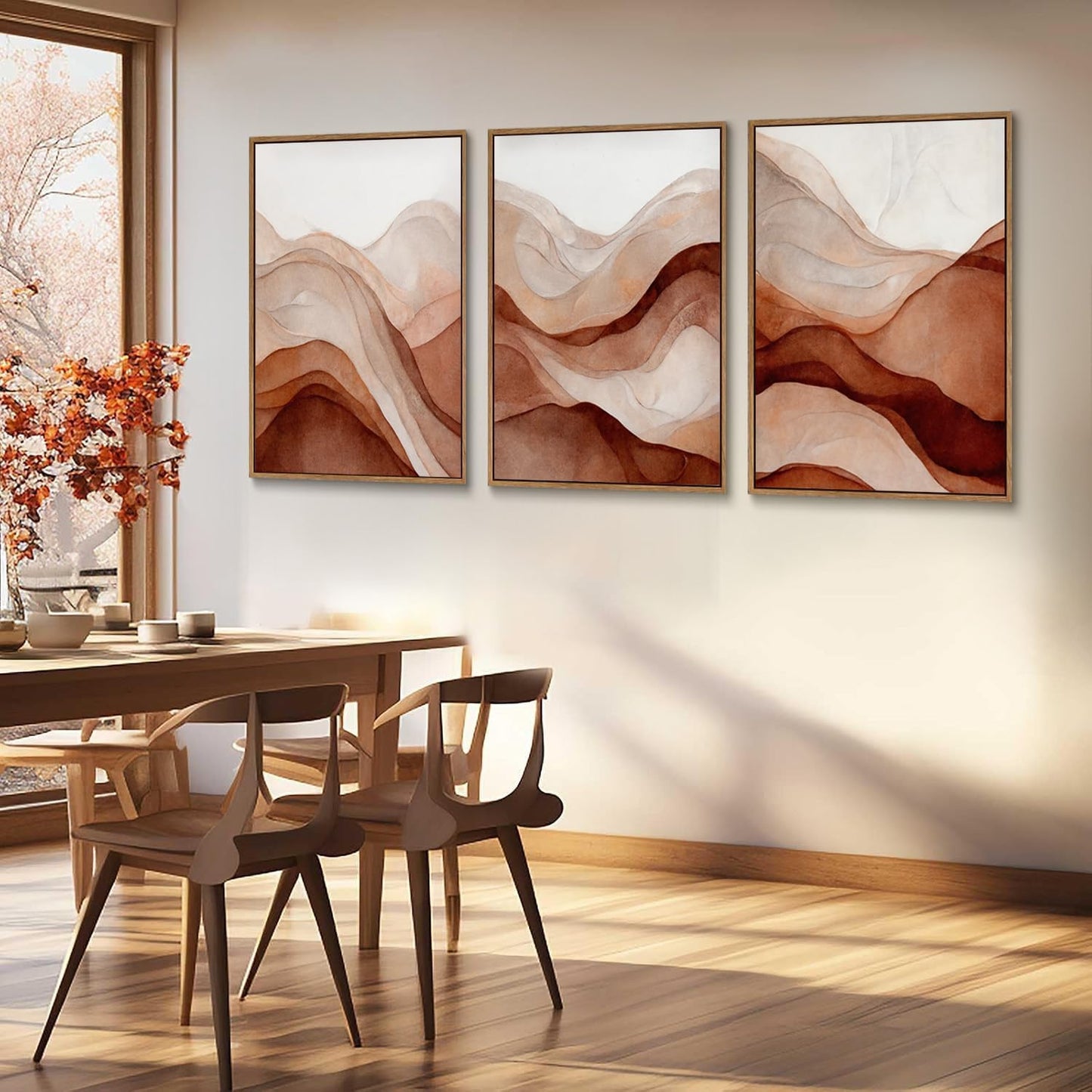 myusuar 3 Piece Large Abstract Framed Wall Art For Living Room, Smoke Texture Ink Warm Brown Terracotta Canvas Wall Art Modern Minimalist Art Prints Wall Décor For Bedroom Office 12x16in