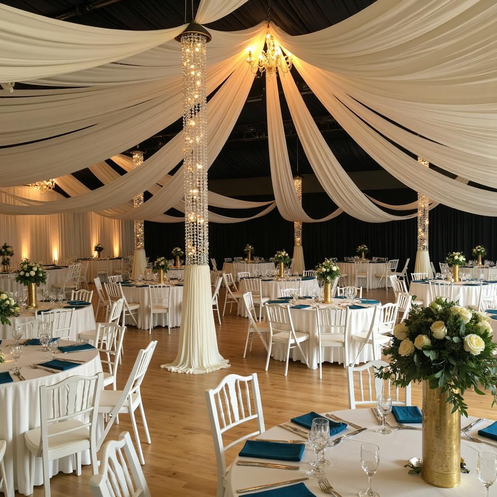 PartyVillage 10 Panels 5ftx30ft Ivory Ceiling Drapes for Wedding Parties – 30 FT Extra Long Thick Polyester Wrinkle-Free Drapery Tent Decor Decorations for Birthday Party Ceremony Stage Swag