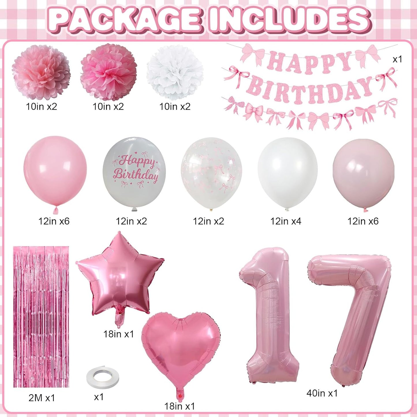 17th Birthday Decorations for Girls Pink Number 17 Balloon Bow Coquette Happy Birthday Banner Fringe Curtain Paper Pom Poms Star Heart Foil Pink White Balloons 17 Year Old Party Decor for Her