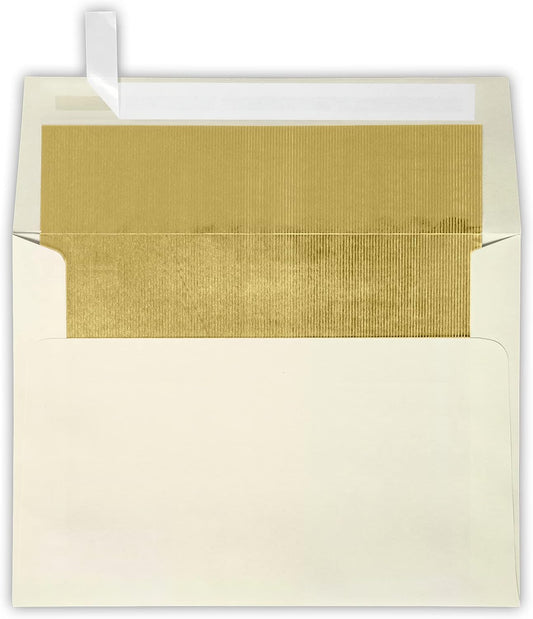 LUXPaper A7 Foil Lined Invitation Envelopes | Peel & Press | 5 1/4" x 7 1/4" | Natural w/Gold LUX Lining | 70lb. Text | 50 Qty