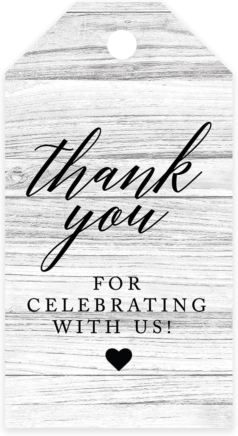 Andaz Press 100-Pack Thank You for Celebrating with Us Favor Tags Gray Rustic Wood Cardstock Gift Tags with Bakers Twine for Wedding Baby Shower Bridal Shower Birthday Party Favors 2 x 3.75-Inches