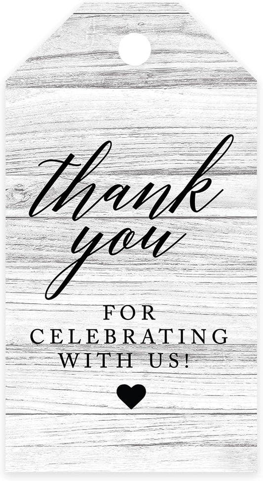 Andaz Press 100-Pack Thank You for Celebrating with Us Favor Tags Gray Rustic Wood Cardstock Gift Tags with Bakers Twine for Wedding Baby Shower Bridal Shower Birthday Party Favors 2 x 3.75-Inches