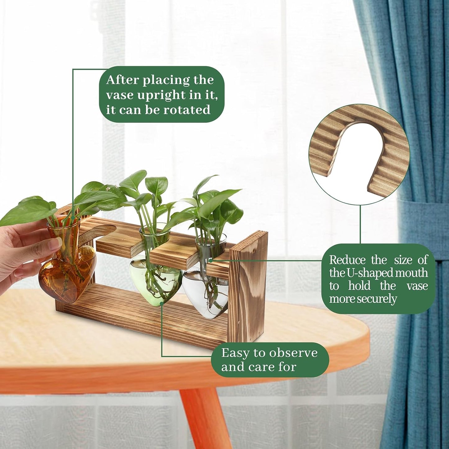 Plant Terrarium Propagation Stations Hydroponics Home Garden Decoration Gift for Women with Wooden Stand Heart Shaped Colored Glass Vase