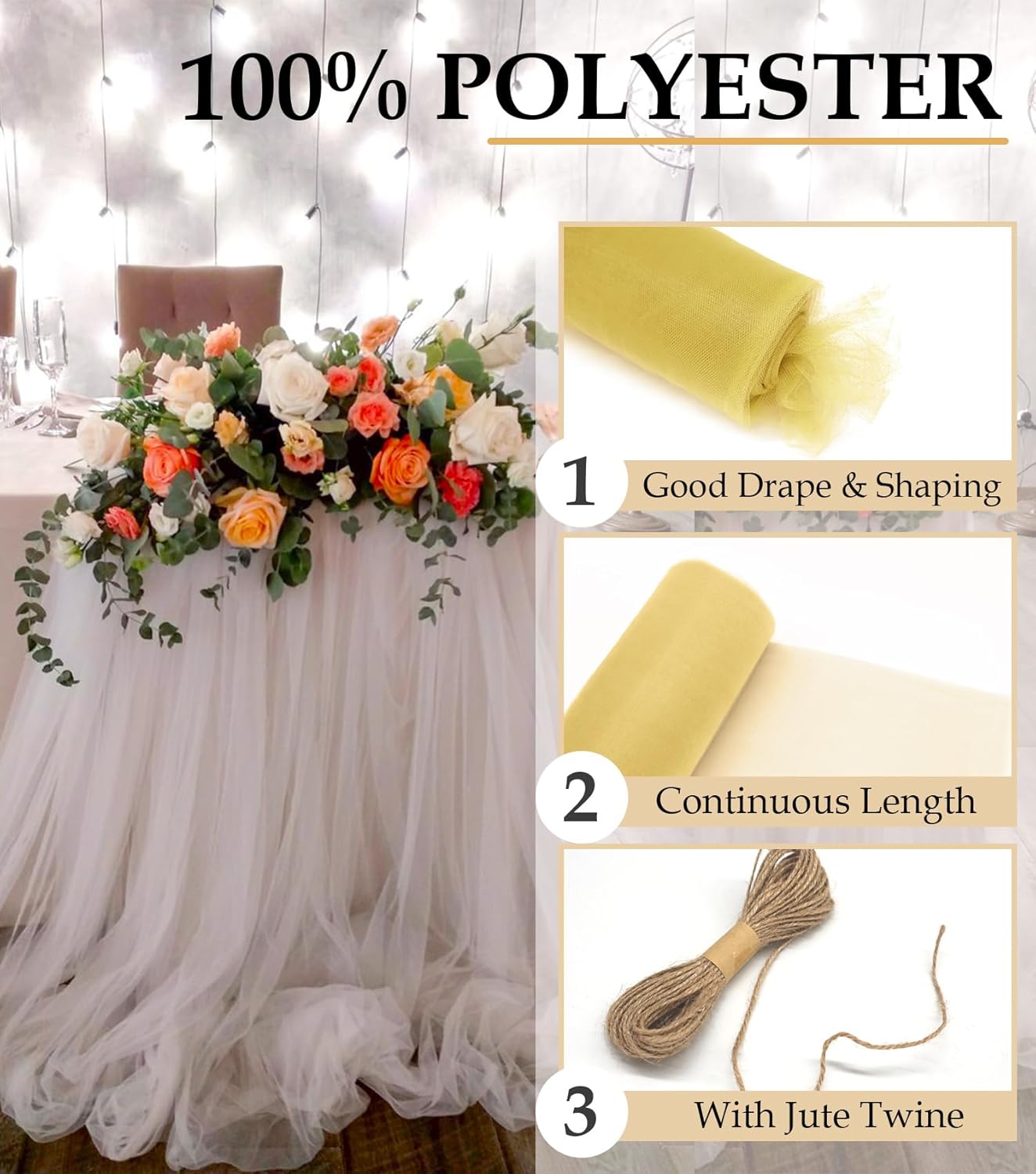 Antique Gold Tulle Fabric Roll, 54" x 40 Yards (120FT) Tulle for Christmas Decorations Tutu Party Wedding Backdrop Baby Shower Table Skirts Gift Wrapping