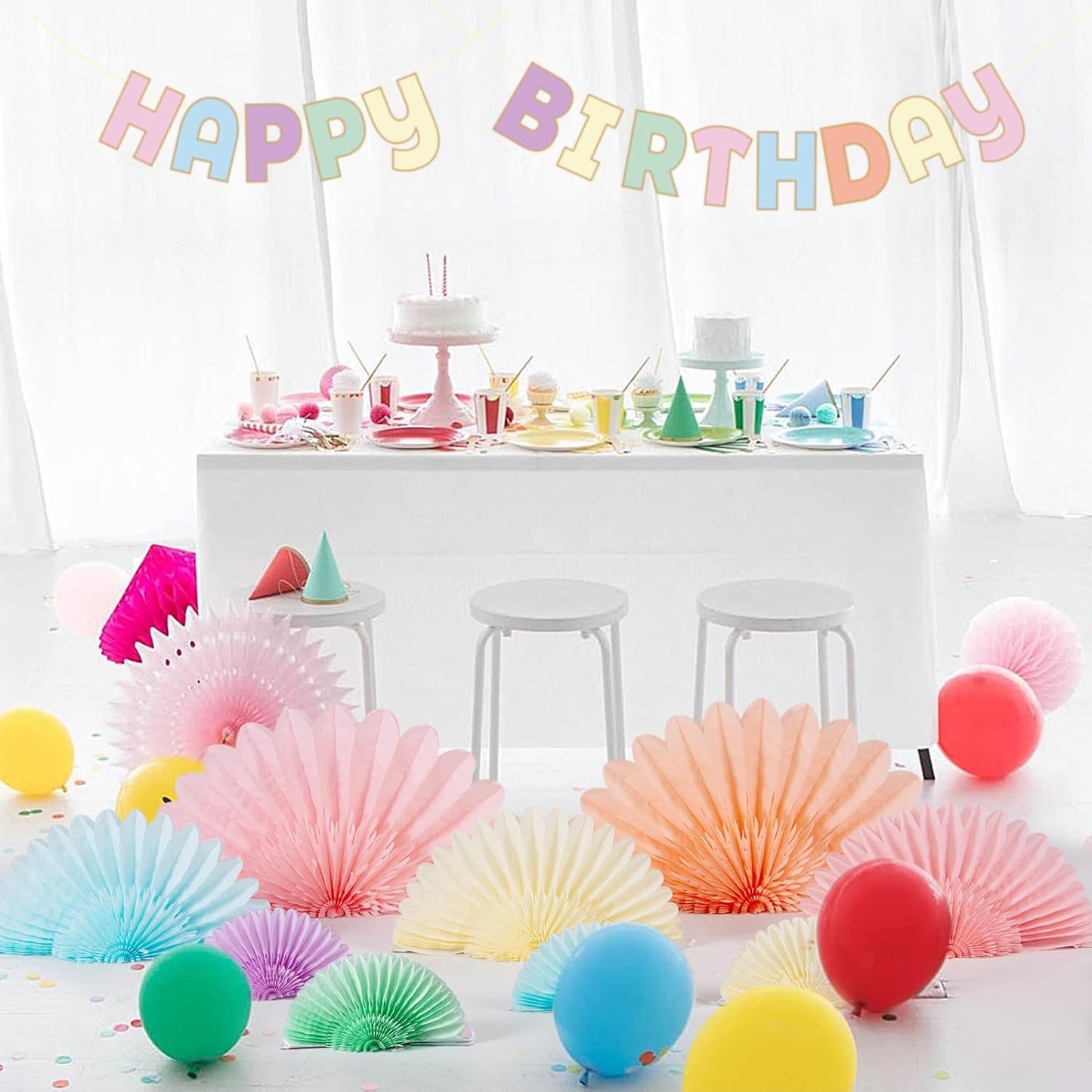 9PCS Huge Pastel Hanging Paper Fans Decoration Macaron Birthday Party Decorations Rainbow Ice Cream Easter Paper Hanging Decor for Bridal Baby Shower Classroom Home Decor