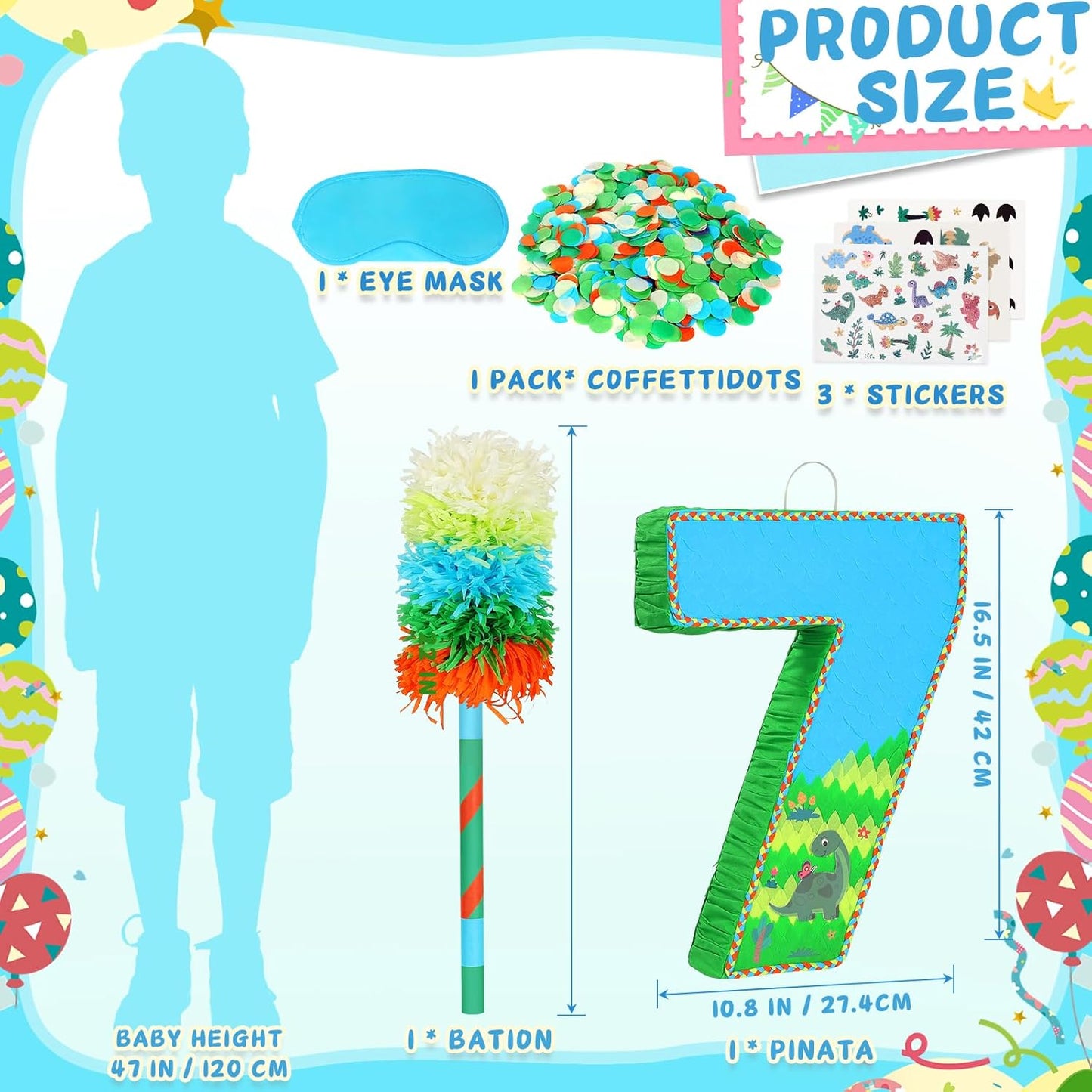 Number 7 Pinata for Birthday Party Decorations, Jungle Dinosaur Piñata Games Toy (7th)