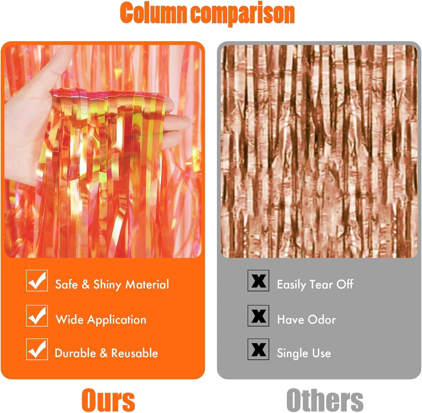 CANREVEL 2 Pack 3.2x6.5 Feet Iridescent Foil Fringe Backdrop Curtains, Clear Orange Tinsel Photo Booth Props Streamers Party Decorations for Birthdays Fall, Thanksgiving, Basketball Party