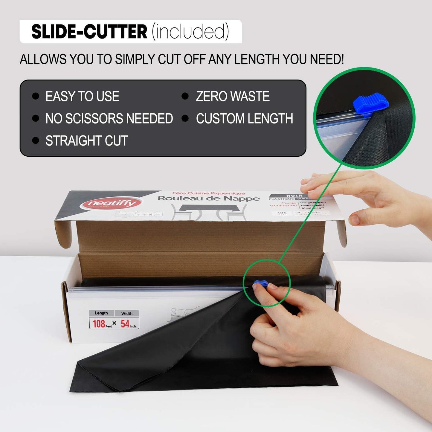 Neatiffy Disposable Plastic Table Cloth Roll | 54 in x 108 Ft Waterproof Tablecloth | Table Cover for Rectangle, Square, Round Oval Tables | Picnic, Party, Banquet, Birthdays, Weddings - Black