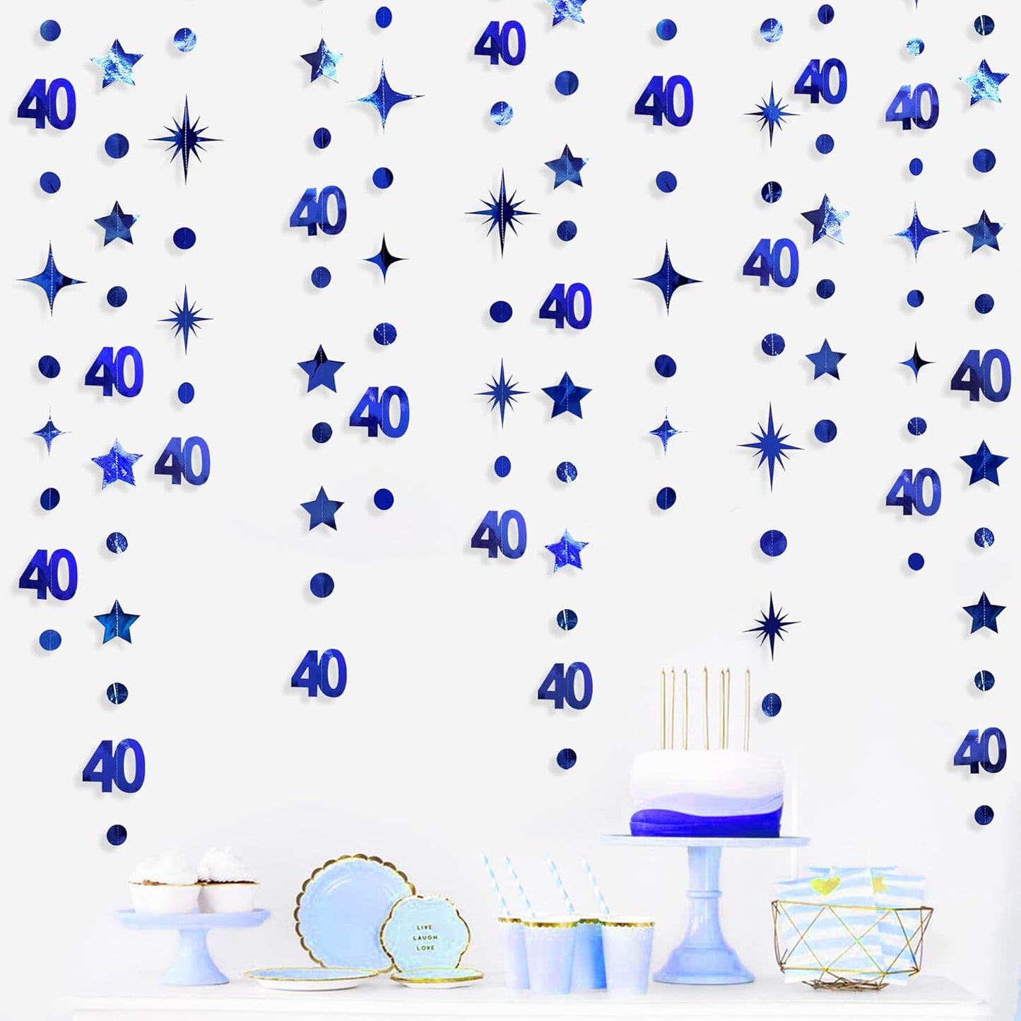 Navy Blue 40th Birthday Decorations Number 40 Circle Dot Twinkle Star Garland Metallic Hanging Streamer Bunting Banner Backdrop for Women 40 Year Old Birthday Forty Anniversary Party Supplies