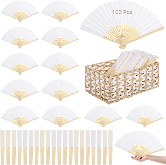 OMISTAR 100 Pcs White Paper Fans, Blank Folding Fan with 2 Storage Baskets, Customizable Wedding Fans, DIY Handheld Fan for Guests, Lightweight Craft Supplies for Party
