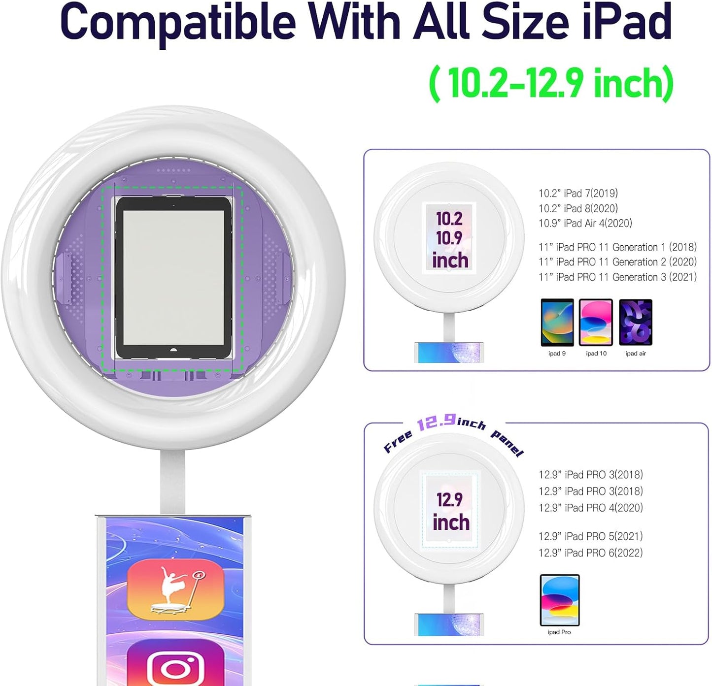 MWE Portable Photo Booth Machine Stand Compatible with Any Ipad with Software APP and Remote Control, RGB Ring Lights Music Sync, Free Custom Logo,ChackTok VIP (White, Light Box-Honeycomb Case)