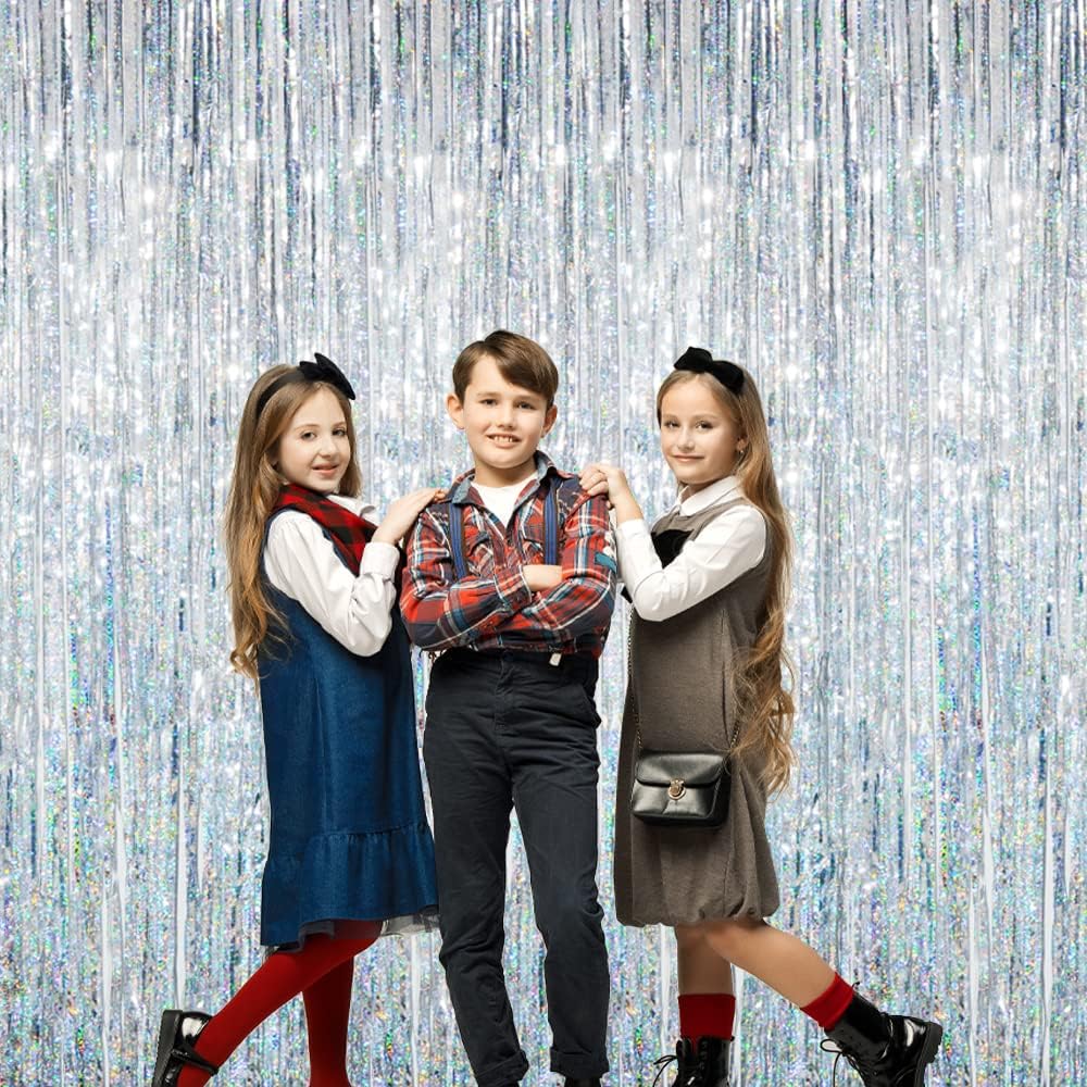 GOER 3.2 ft x 8.2 ft Metallic Tinsel Foil Fringe Curtains Party Photo Backdrop Party Streamers for Birthday,Graduation,New Year Eve Decorations Wedding Decor (1 Pack, Shiny Silver)