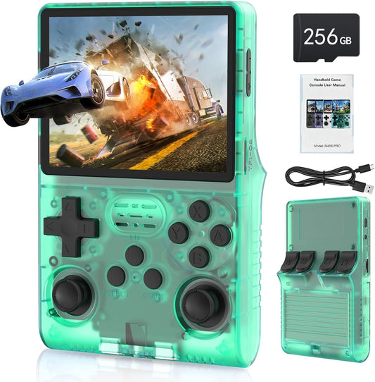 FVBADE[30000 in 1] R40S PRO Handheld Game Console 3.5 inch IPS Screen Mini Retro Console 3800mAh Portable Pocket Arcade 45+ Mainstream Emulator 256G TF Card Transparent.(Green)