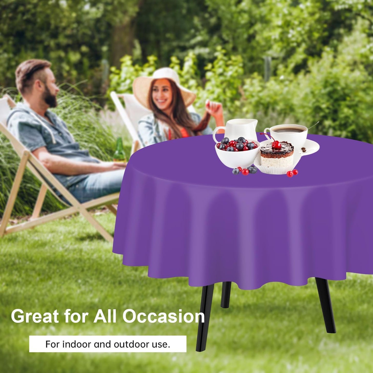 QIKSION Purple Round Tablecloth 2 Pack, 84 Inch Plastic Table Cover Disposable for Parties