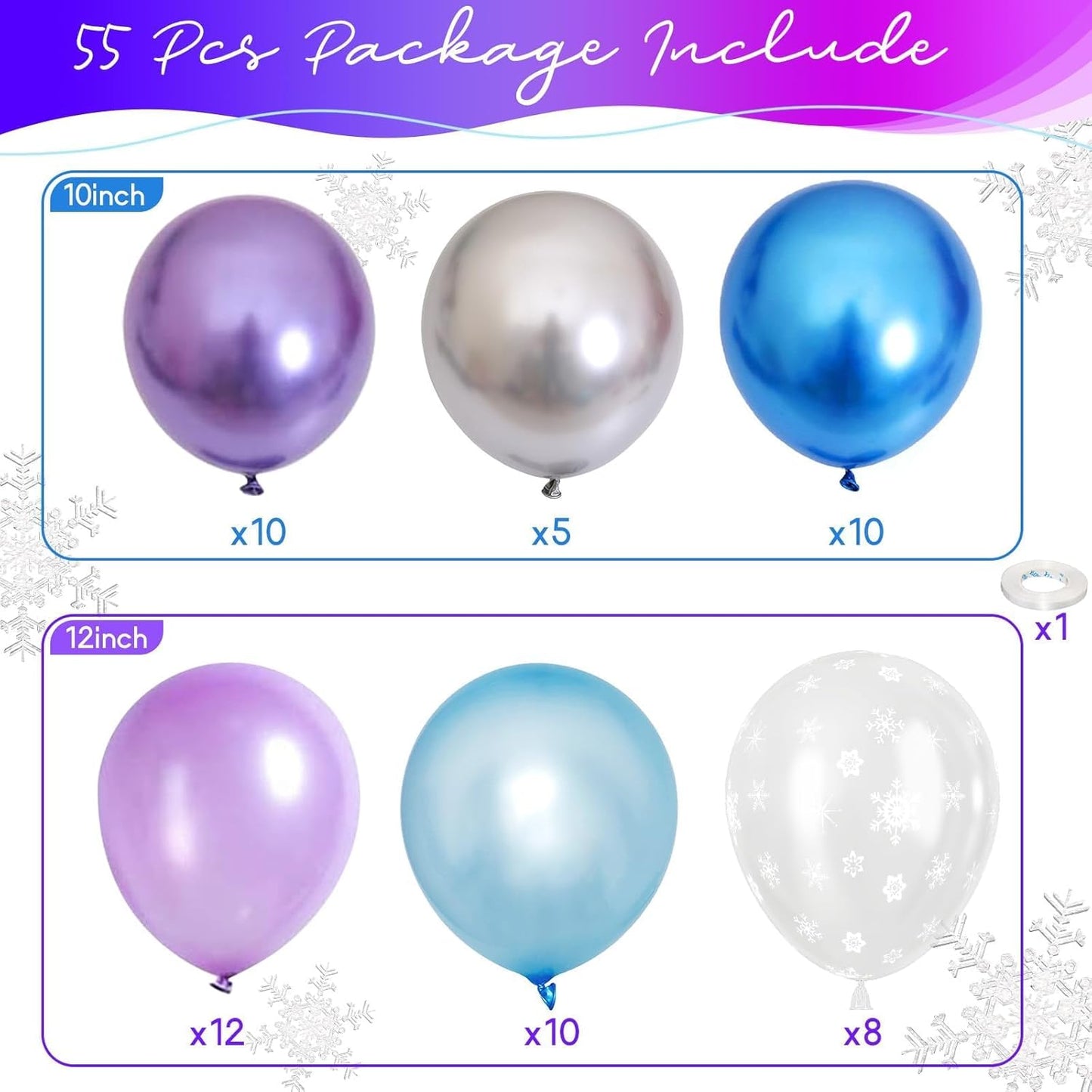 Blue Purple Silver Balloons 12 Inch Snowflake Balloons Metallic Silver Purple Blue Helium Party Balloon for Girls Birthday Ice Snow Winter Wonderland Baby Shower Christmas Party Decorations