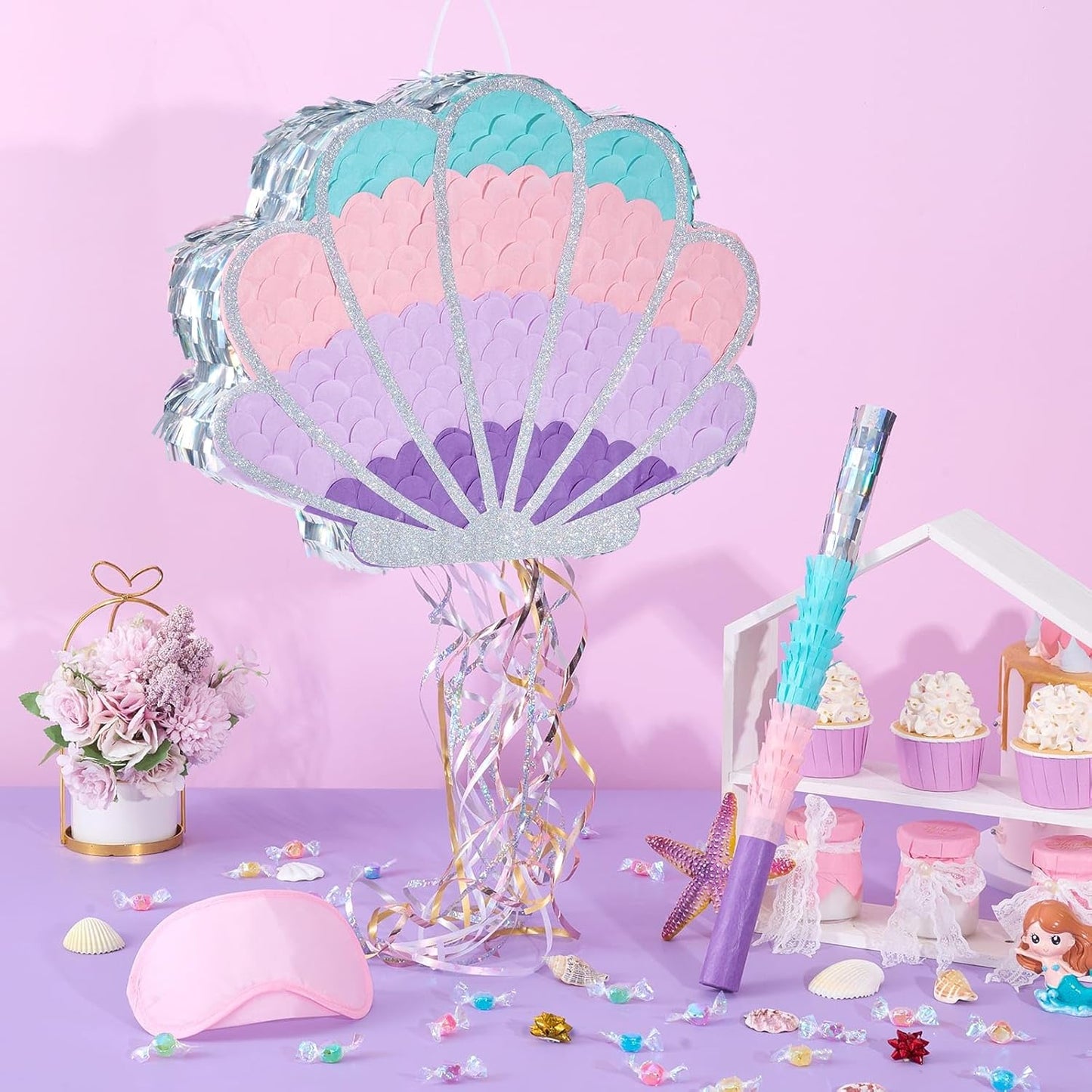 Wernnsai Mermaid Seashell Piñata - Pink Shellfish Pinatas for Kids Girls Birthday Mermaid Princess Party Decorations Under The Sea Ocean Theme Party Games With Bat Blindfold 16“ x 12.5" x 3"