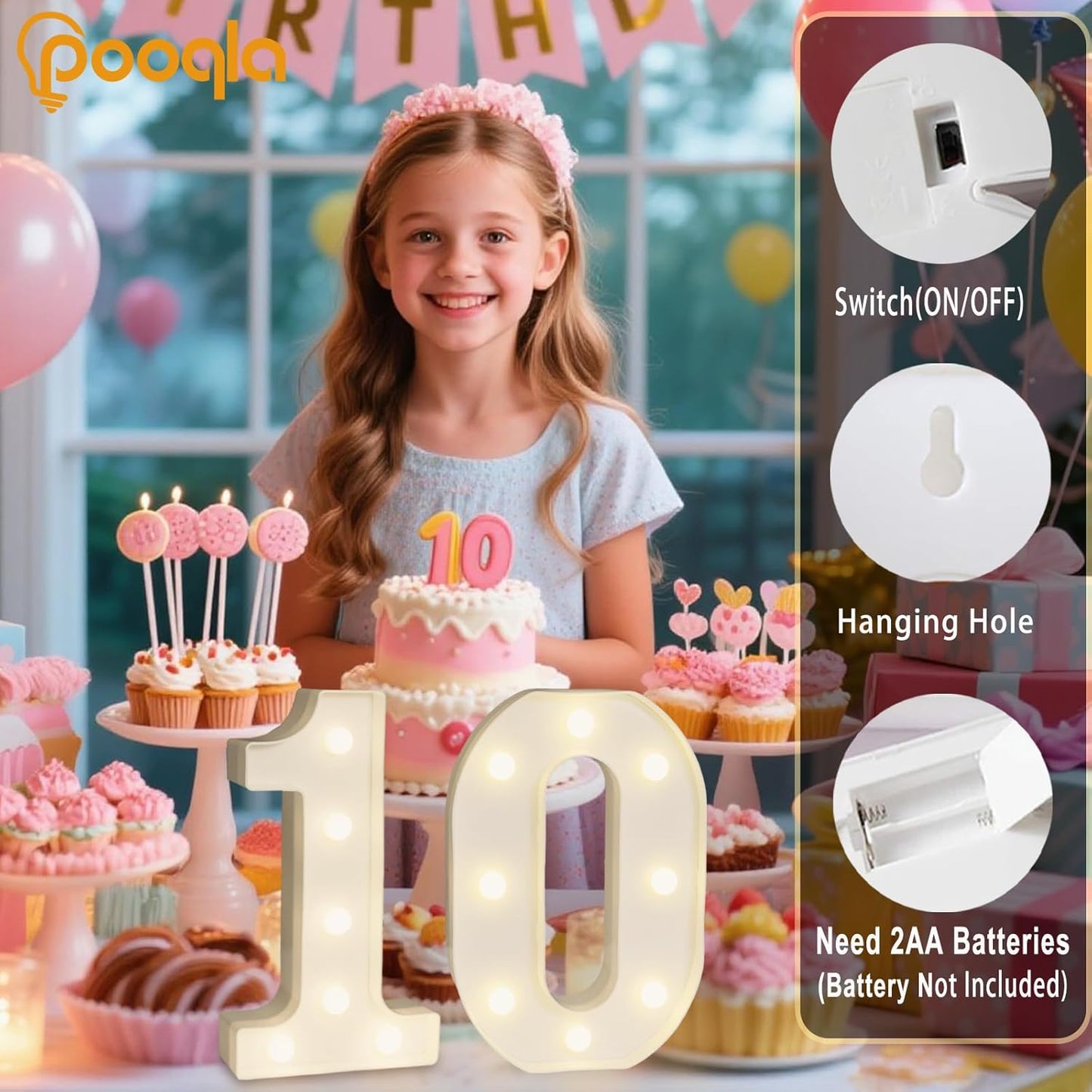 Pooqla Decorative Led Light Up Number Letters, White Plastic Marquee Number Lights Sign Party Wedding Decor Battery Operated Number (0)